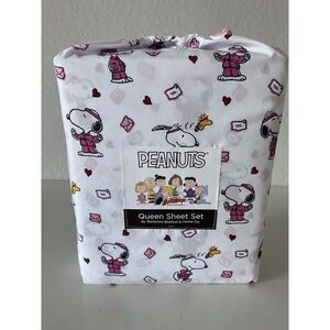 4 Pc Peanuts Snoopy Woodstock Valentines Fitness QUEEN Size Sheet Set Soft NEW